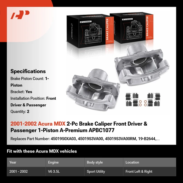 2001-2002 Acura MDX 2-Pc Brake Caliper Front Driver & Passenger 1-Piston A-Premium APBC1077