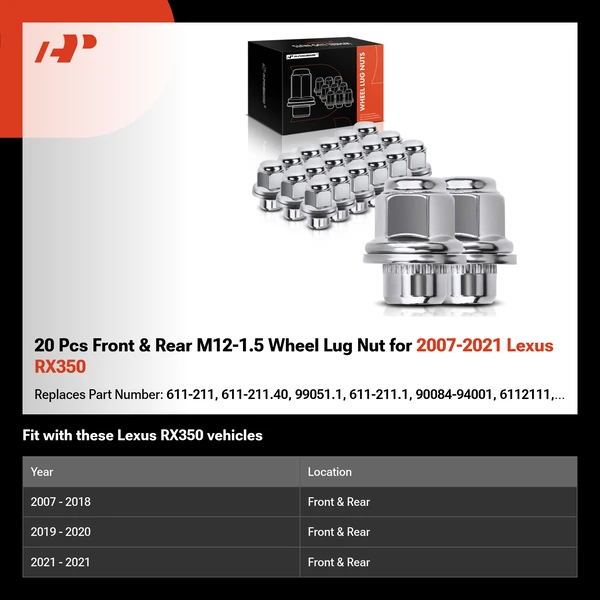 20 Pcs Front & Rear M12-1.5 Wheel Lug Nut for 2007-2021 Lexus RX350