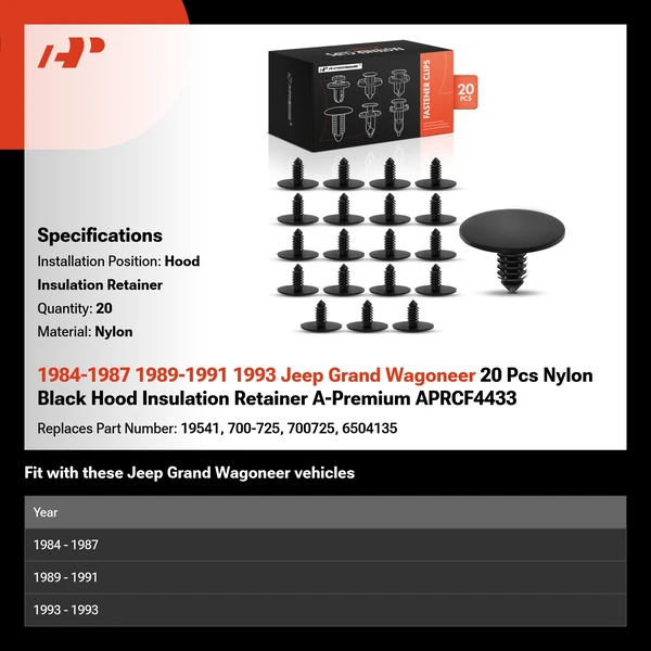 1984-1987 1989-1991 1993 Jeep Grand Wagoneer 20 Pcs Nylon Black Hood Insulation Retainer A-Premium APRCF4433