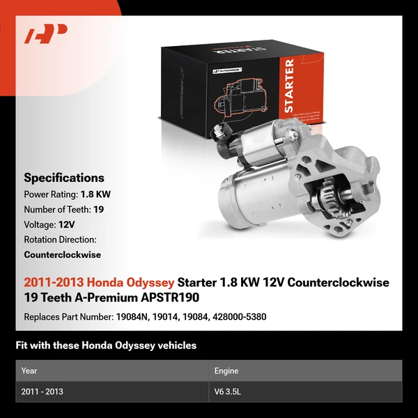 2011-2013 Honda Odyssey Starter 1.8 KW 12V Counterclockwise 19 Teeth A-Premium APSTR190