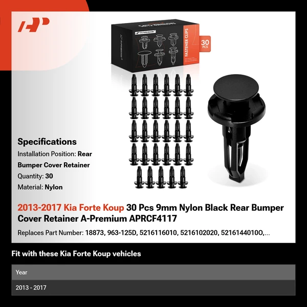 2013-2017 Kia Forte Koup 30 Pcs 9mm Nylon Black Rear Bumper Cover Retainer A-Premium APRCF4117