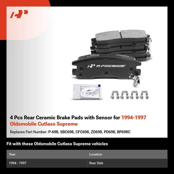 4 Pcs Rear Ceramic Brake Pads with Sensor for 1994-1997 Oldsmobile Cutlass Supreme