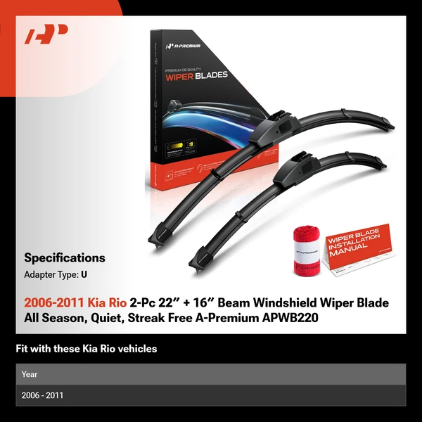 2006-2011 Kia Rio 2-Pc 22″ + 16″ Beam Windshield Wiper Blade All Season, Quiet, Streak Free A-Premium APWB220
