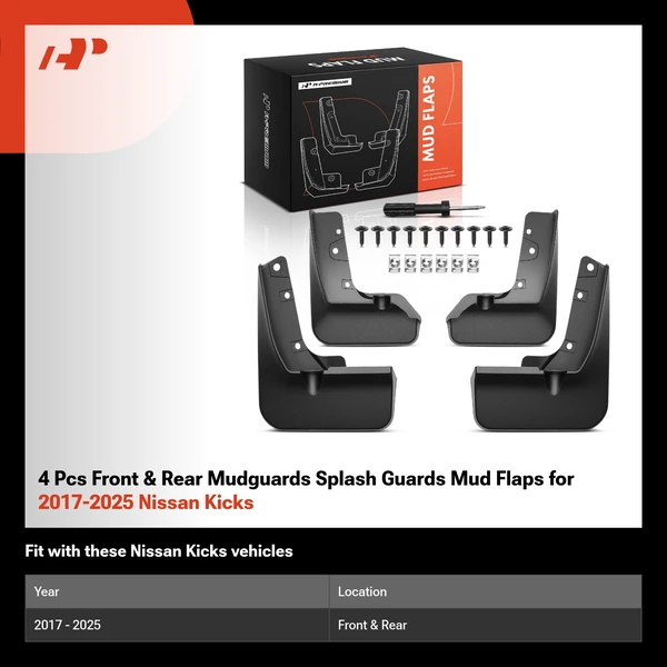 4 Pcs Front & Rear Mudguards Splash Guards Mud Flaps for 2017-2025 Nissan Kicks
