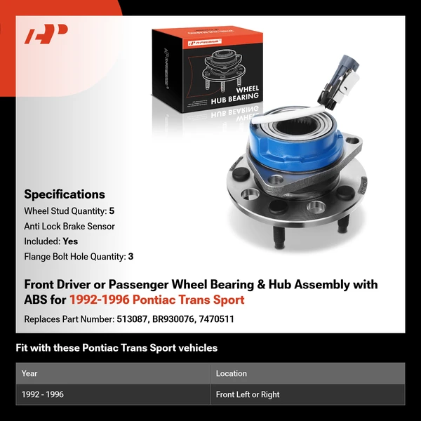 Front Driver or Passenger Wheel Bearing & Hub Assembly with ABS for 1992-1996 Pontiac Trans Sport
