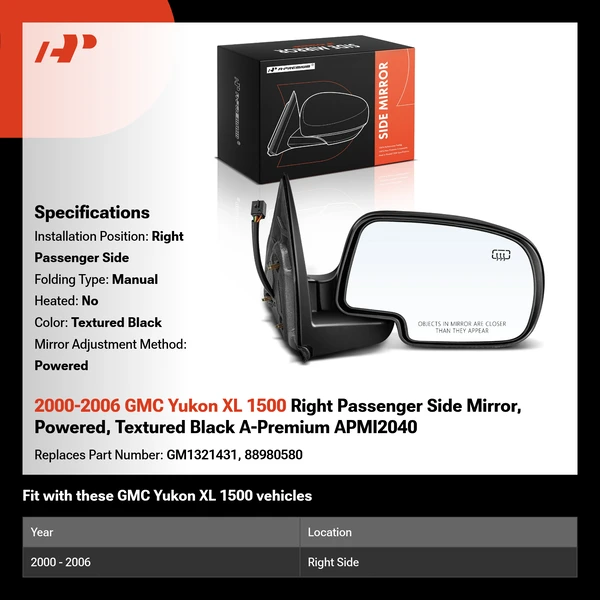 2000-2006 GMC Yukon XL 1500 Right Passenger Side Mirror, Powered, Textured Black A-Premium APMI2040