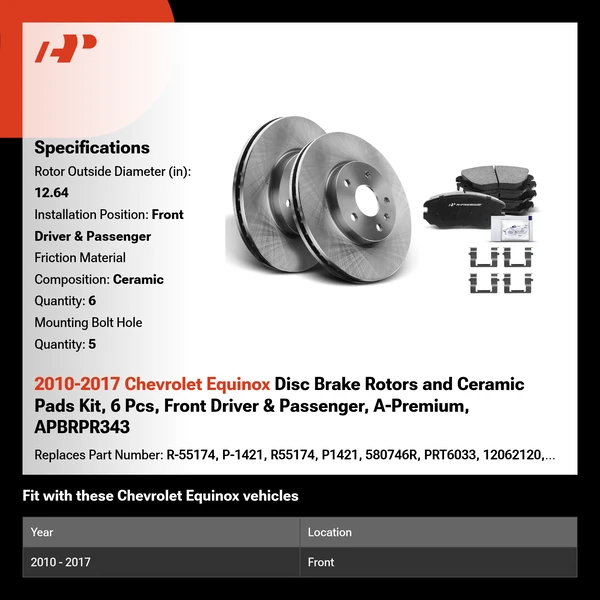 2010-2017 Chevrolet Equinox Disc Brake Rotors and Ceramic Pads Kit, 6 Pcs, Front Driver & Passenger, A-Premium, APBRPR343