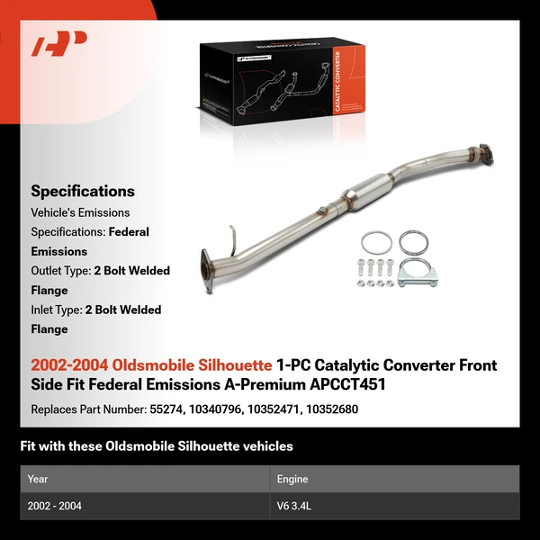 2002-2004 Oldsmobile Silhouette 1-PC Catalytic Converter Front Side Fit Federal Emissions A-Premium APCCT451