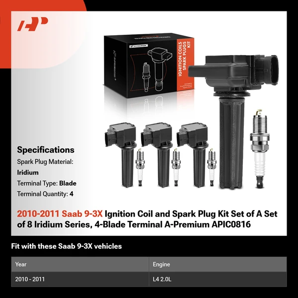 2010-2011 Saab 9-3X Ignition Coil and Spark Plug Kit Set of A Set of 8 Iridium Series, 4-Blade Terminal A-Premium APIC0816