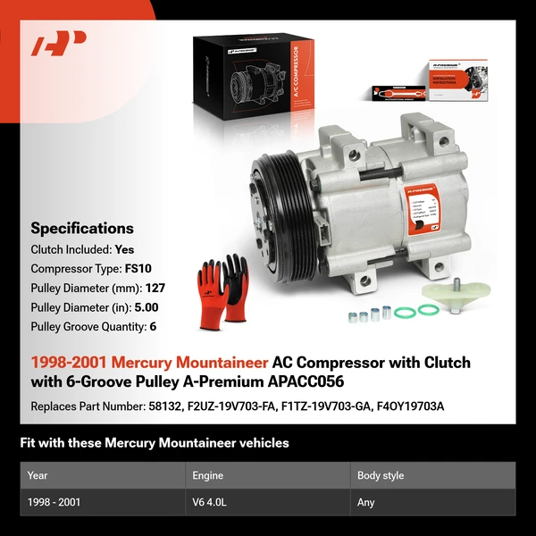 1998-2001 Mercury Mountaineer AC Compressor with Clutch with 6-Groove Pulley A-Premium APACC056