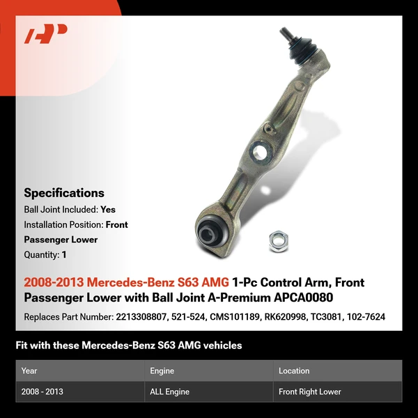2008-2013 Mercedes-Benz S63 AMG 1-Pc Control Arm, Front Passenger Lower with Ball Joint A-Premium APCA0080