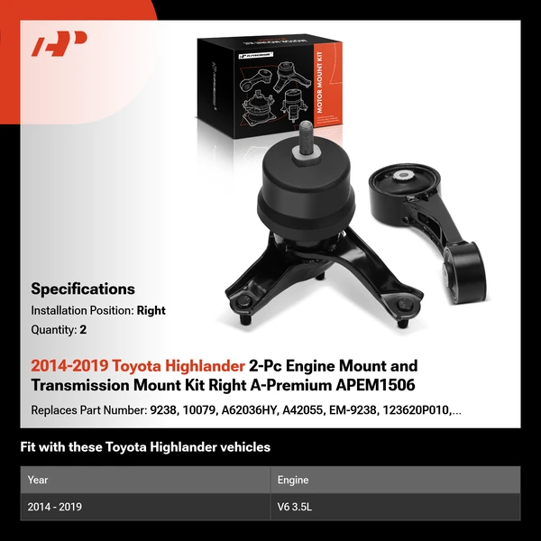 2014-2019 Toyota Highlander 2-Pc Engine Mount and Transmission Mount Kit Right A-Premium APEM1506