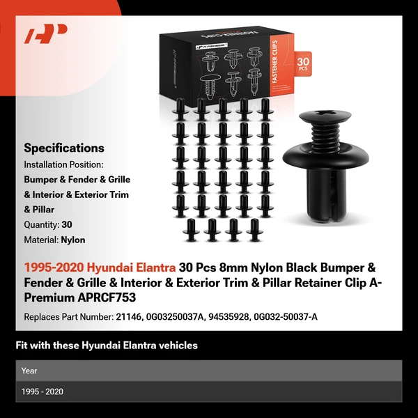 1995-2020 Hyundai Elantra 30 Pcs 8mm Nylon Black Bumper & Fender & Grille & Interior & Exterior Trim & Pillar Retainer Clip A-Premium APRCF753