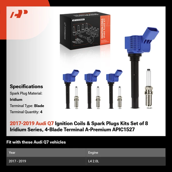 2017-2019 Audi Q7 Ignition Coils & Spark Plugs Kits Set of 8 Iridium Series, 4-Blade Terminal A-Premium APIC1527