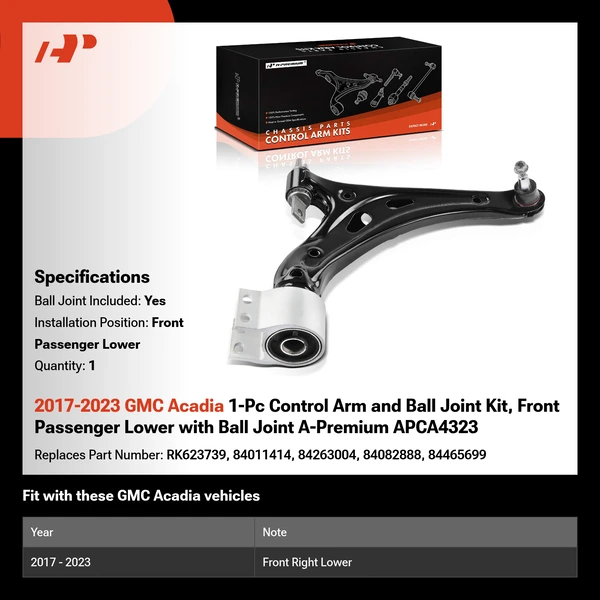 2017-2023 GMC Acadia 1-Pc Control Arm and Ball Joint Kit, Front Passenger Lower with Ball Joint A-Premium APCA4323