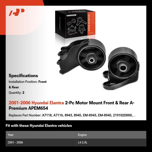 2001-2006 Hyundai Elantra 2-Pc Motor Mount Front & Rear A-Premium APEM654