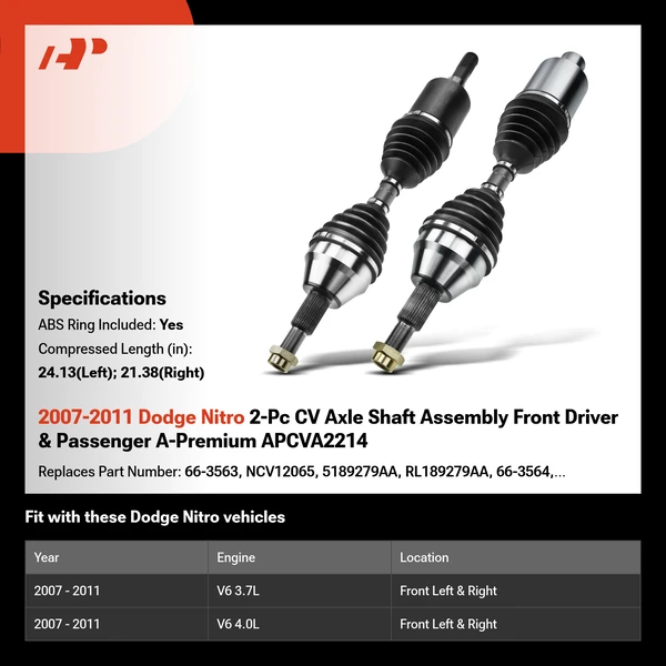 2007-2011 Dodge Nitro 2-Pc CV Axle Shaft Assembly Front Driver & Passenger A-Premium APCVA2214