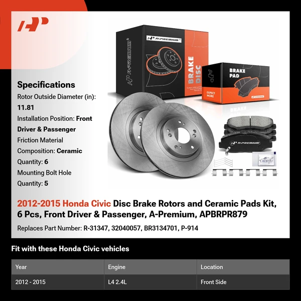 2012-2015 Honda Civic Disc Brake Rotors and Ceramic Pads Kit, 6 Pcs, Front Driver & Passenger, A-Premium, APBRPR879