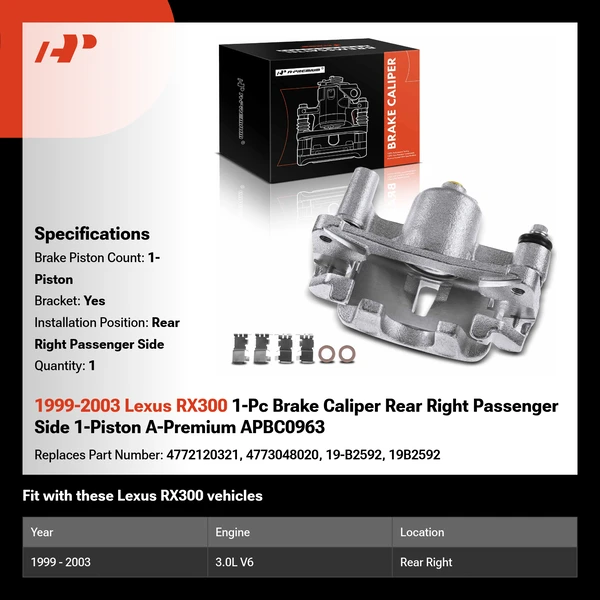 1999-2003 Lexus RX300 1-Pc Brake Caliper Rear Right Passenger Side 1-Piston A-Premium APBC0963