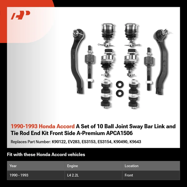 1990-1993 Honda Accord A Set of 10 Ball Joint Sway Bar Link and Tie Rod End Kit Front Side A-Premium APCA1506