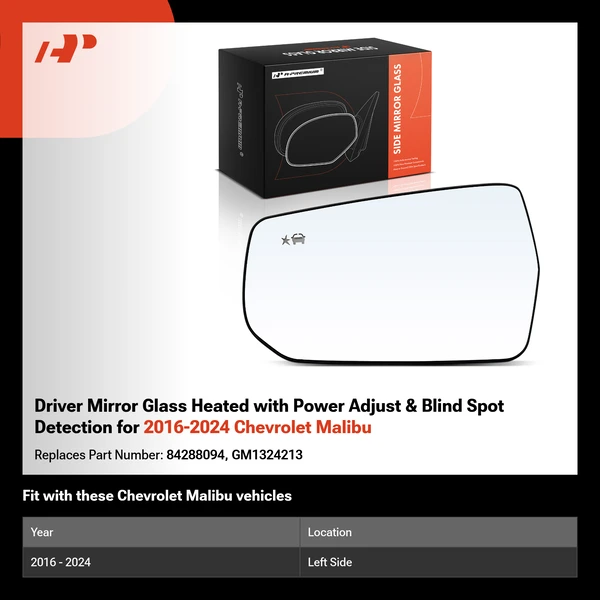 Driver Mirror Glass Heated with Power Adjust & Blind Spot Detection for 2016-2024 Chevrolet Malibu