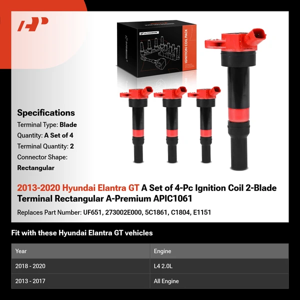 2013-2020 Hyundai Elantra GT A Set of 4-Pc Ignition Coil 2-Blade Terminal Rectangular A-Premium APIC1061