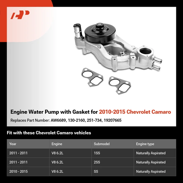 Engine Water Pump with Gasket for 2010-2015 Chevrolet Camaro