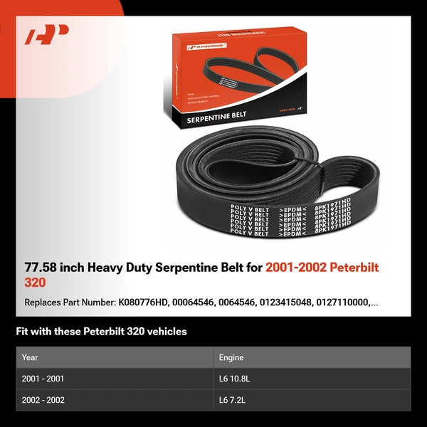 77.58 inch Heavy Duty Serpentine Belt for 2001-2002 Peterbilt 320