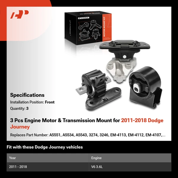 3 Pcs Engine Motor & Transmission Mount for 2011-2018 Dodge Journey