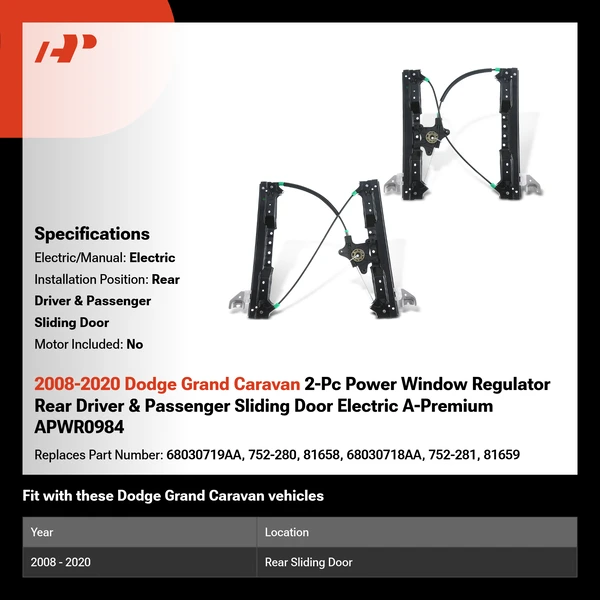 2008-2020 Dodge Grand Caravan 2-Pc Power Window Regulator Rear Driver & Passenger Sliding Door Electric A-Premium APWR0984