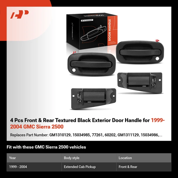 4 Pcs Front & Rear Textured Black Exterior Door Handle for 1999-2004 GMC Sierra 2500