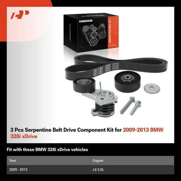 3 Pcs Serpentine Belt Drive Component Kit for 2009-2013 BMW 328i xDrive