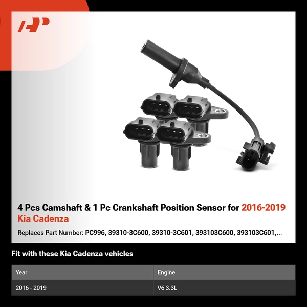 4 Pcs Camshaft & 1 Pc Crankshaft Position Sensor for 2016-2019 Kia Cadenza