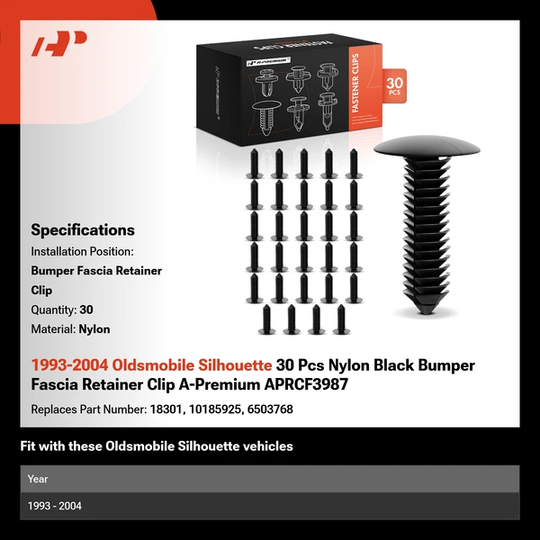 1993-2004 Oldsmobile Silhouette 30 Pcs Nylon Black Bumper Fascia Retainer Clip A-Premium APRCF3987