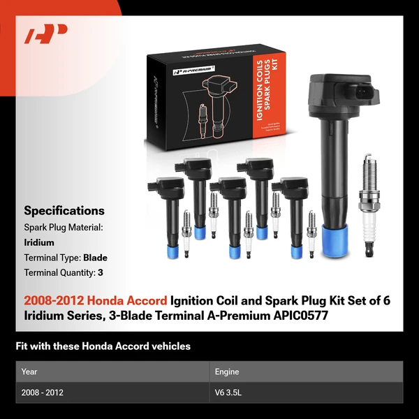 2008-2012 Honda Accord Ignition Coil and Spark Plug Kit Set of 6 Iridium Series, 3-Blade Terminal A-Premium APIC0577
