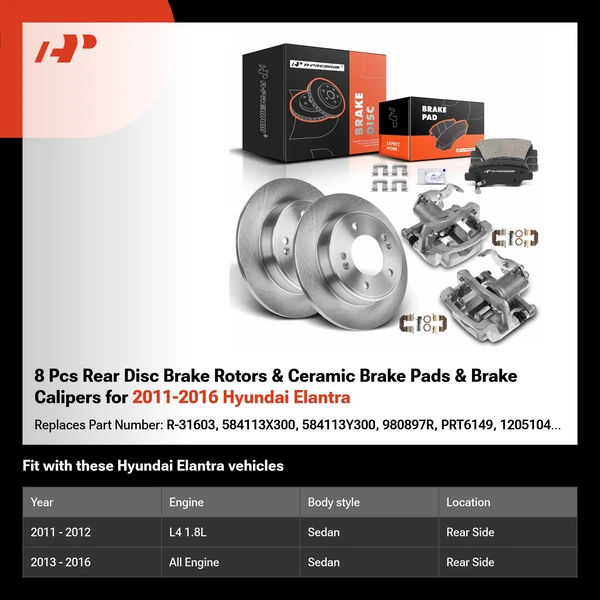 8 Pcs Rear Disc Brake Rotors & Ceramic Brake Pads & Brake Calipers for 2011-2016 Hyundai Elantra