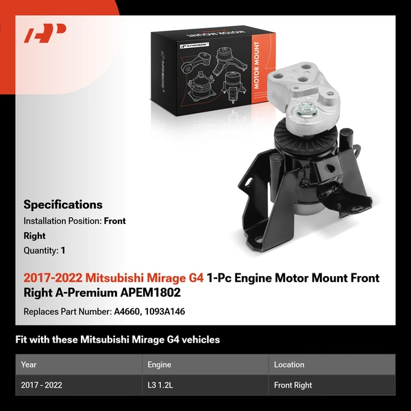 2017-2022 Mitsubishi Mirage G4 1-Pc Engine Motor Mount Front Right A-Premium APEM1802