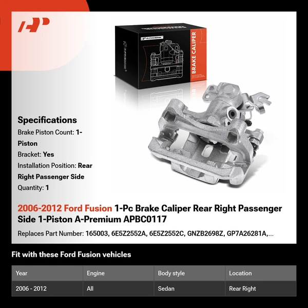 2006-2012 Ford Fusion 1-Pc Brake Caliper Rear Right Passenger Side 1-Piston A-Premium APBC0117