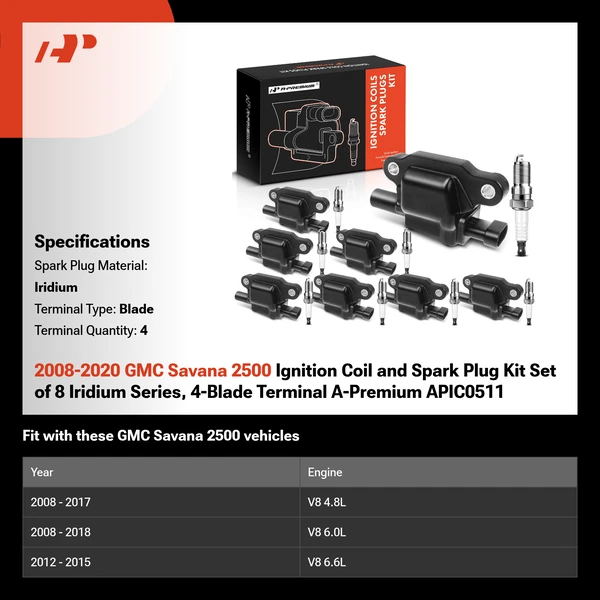2008-2020 GMC Savana 2500 Ignition Coil and Spark Plug Kit Set of 8 Iridium Series, 4-Blade Terminal A-Premium APIC0511