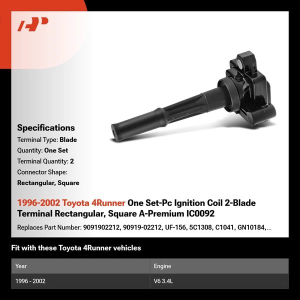 1996-2002 Toyota 4Runner One Set-Pc Ignition Coil 2-Blade Terminal Rectangular, Square A-Premium IC0092