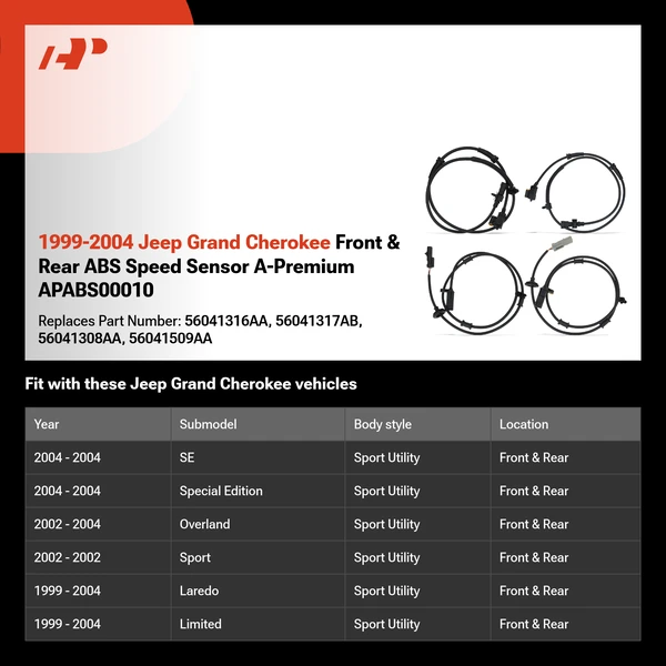1999-2004 Jeep Grand Cherokee Front & Rear ABS Speed Sensor A-Premium APABS00010