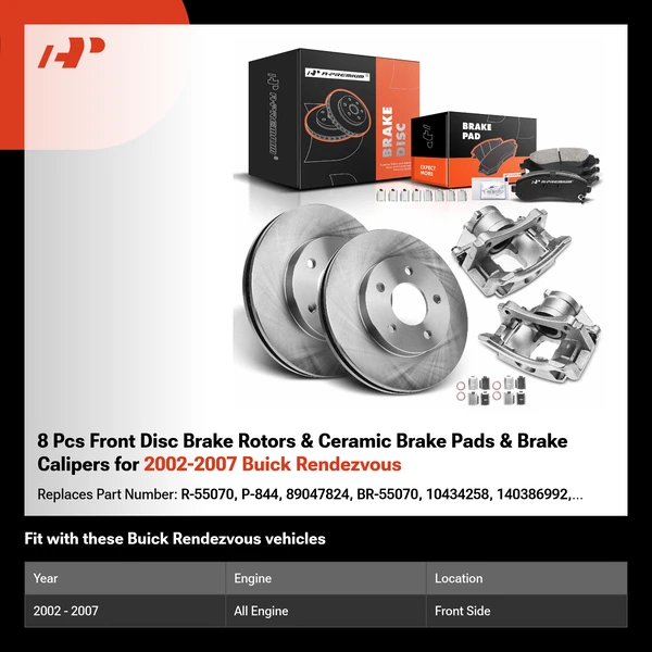 8 Pcs Front Disc Brake Rotors & Ceramic Brake Pads & Brake Calipers for 2002-2007 Buick Rendezvous