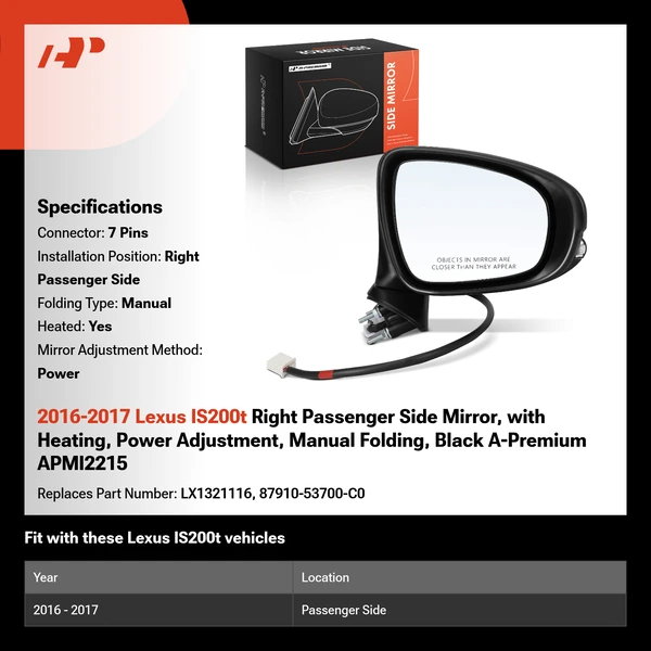 2016-2017 Lexus IS200t Right Passenger Side Mirror, with Heating, Power Adjustment, Manual Folding, Black A-Premium APMI2215
