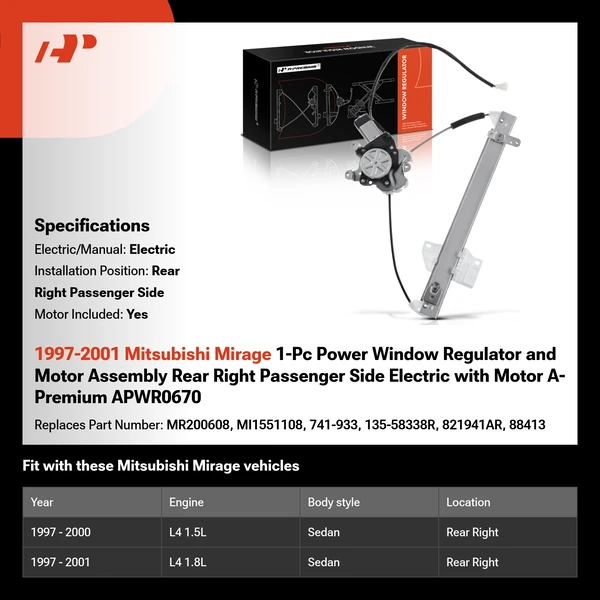 1997-2001 Mitsubishi Mirage 1-Pc Power Window Regulator and Motor Assembly Rear Right Passenger Side Electric with Motor A-Premium APWR0670