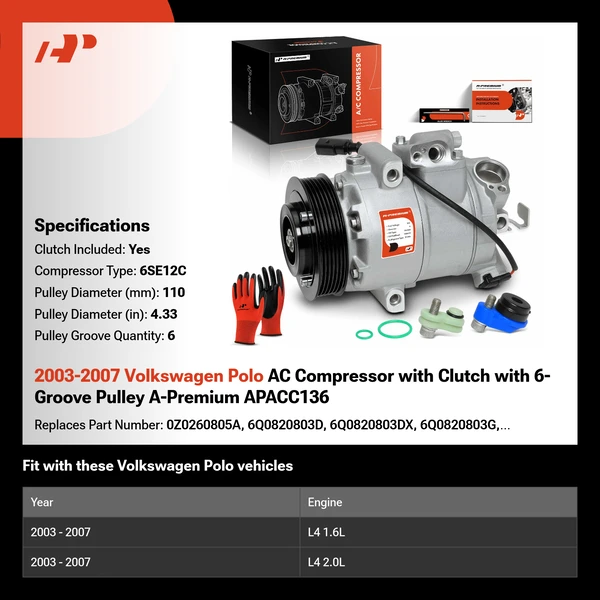 2003-2007 Volkswagen Polo AC Compressor with Clutch with 6-Groove Pulley A-Premium APACC136