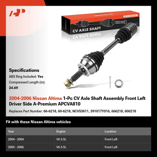 2004-2006 Nissan Altima 1-Pc CV Axle Shaft Assembly Front Left Driver Side A-Premium APCVA810