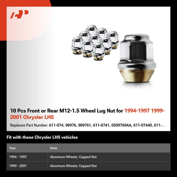 10 Pcs Front or Rear M12-1.5 Wheel Lug Nut for 1994-1997 1999-2001 Chrysler LHS