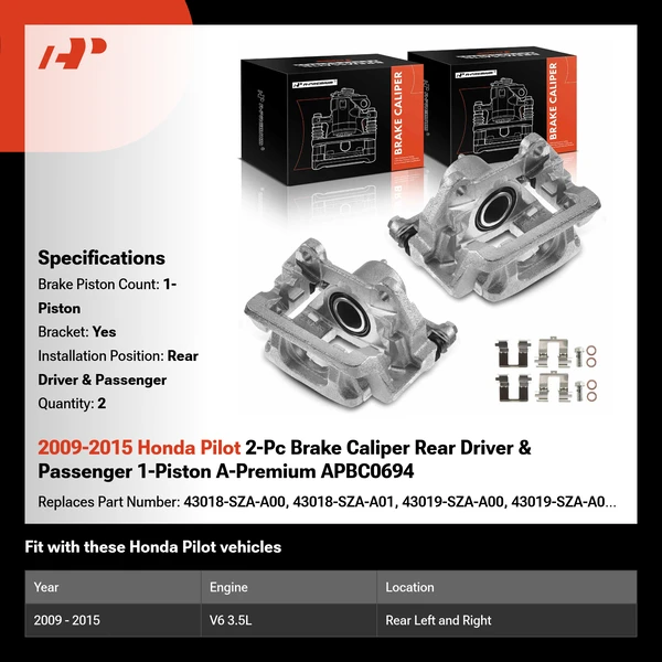 2009-2015 Honda Pilot 2-Pc Brake Caliper Rear Driver & Passenger 1-Piston A-Premium APBC0694