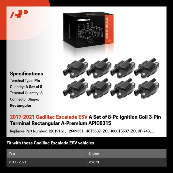 2017-2021 Cadillac Escalade ESV A Set of 8-Pc Ignition Coil 3-Pin Terminal Rectangular A-Premium APIC0315