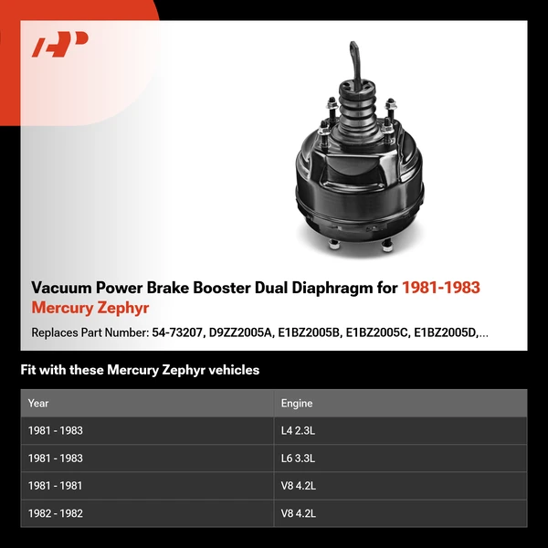 Vacuum Power Brake Booster Dual Diaphragm for 1981-1983 Mercury Zephyr